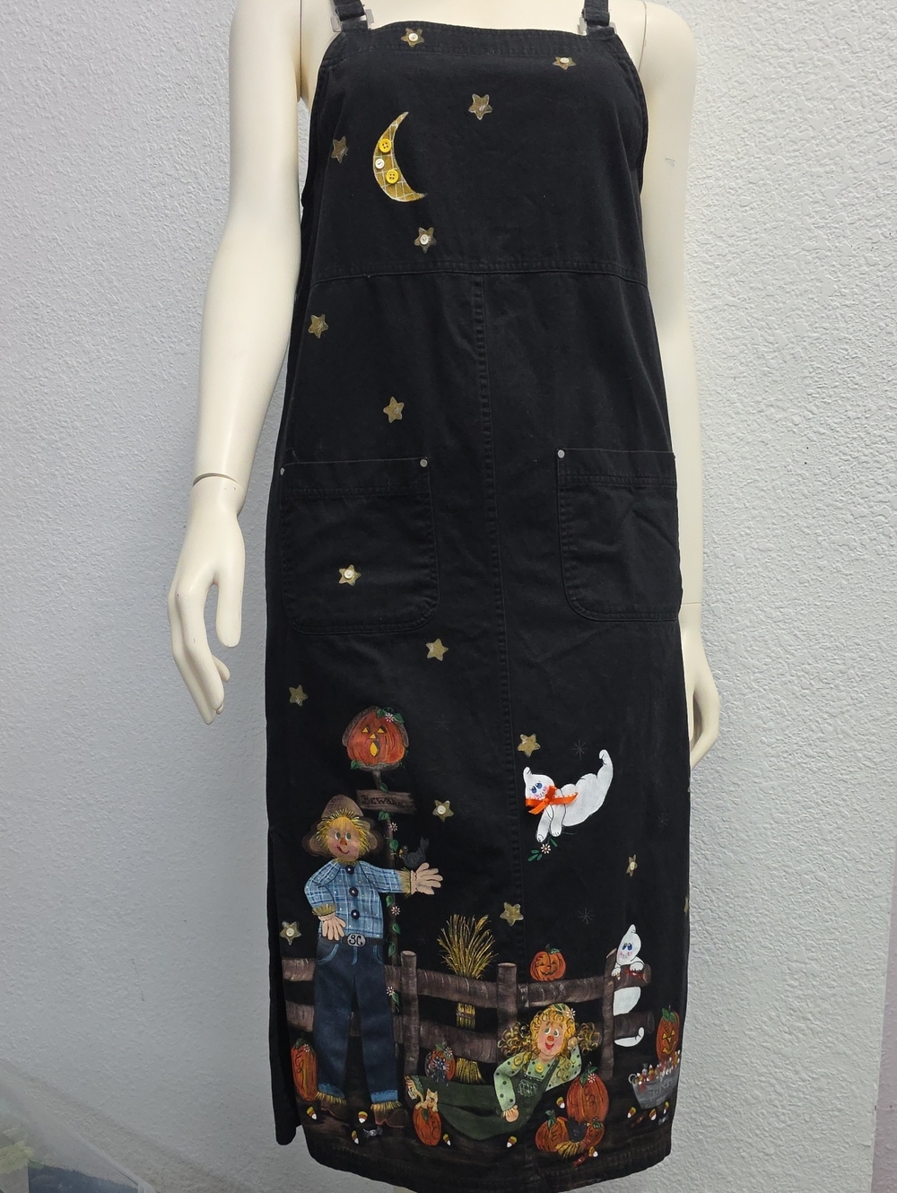 Vintage Halloween Maxi Dress Size Medium Black Cotton Handpainted DIY